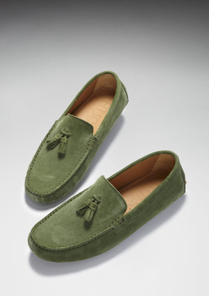 Tasselled Driving Loafers, safari green suede Hugs & Co.