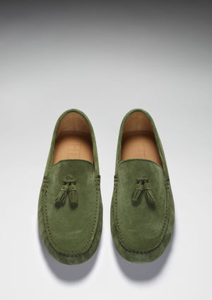 Front, Tasselled Driving Loafers, safari green suede