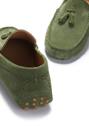 Back, Tasselled Driving Loafers, safari green suede Hugs & Co.