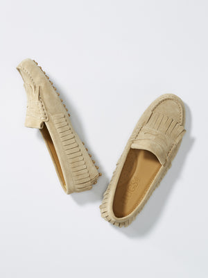 Women's Fringed Driving Loafers, taupe suede