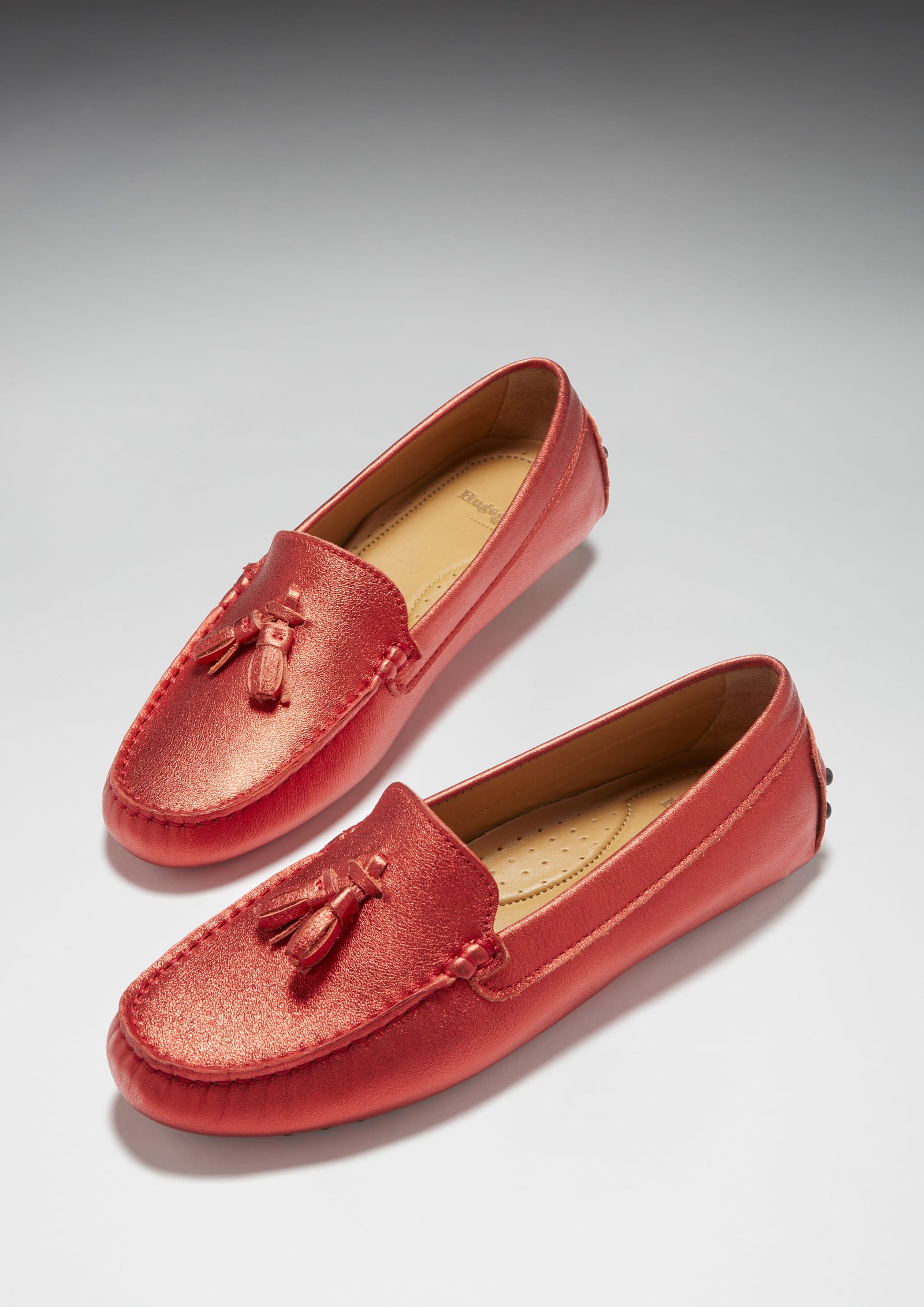 Women s Tasselled Driving Loafers red metallic leather Hugs Co