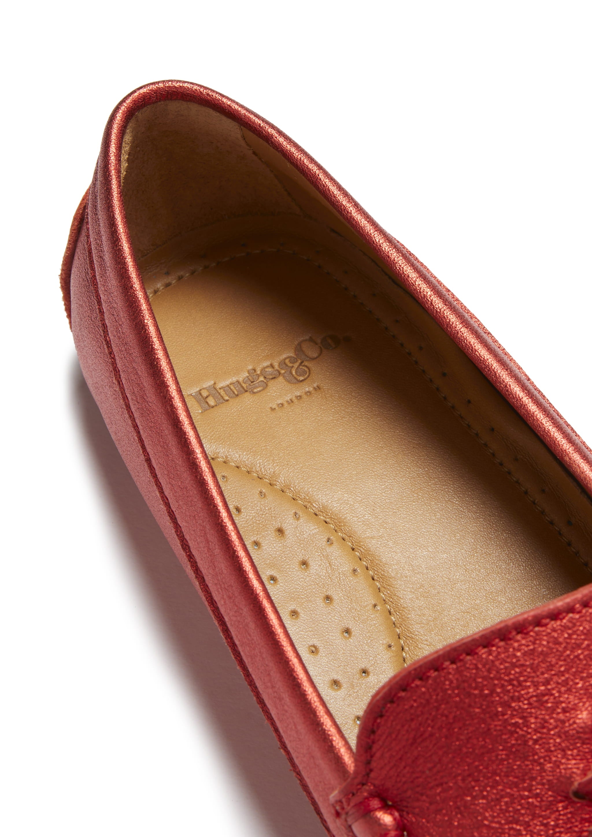 Women s Tasselled Driving Loafers red metallic leather Hugs Co