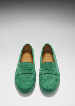 Mocassins Penny Driving pour femme, daim embossé émeraude
