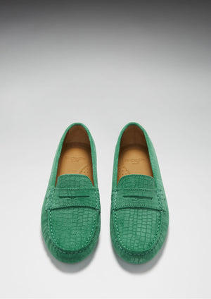 Women's Penny Driving Loafers, emerald embossed suede