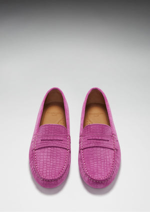 Women's Penny Driving Loafers, pink embossed suede
