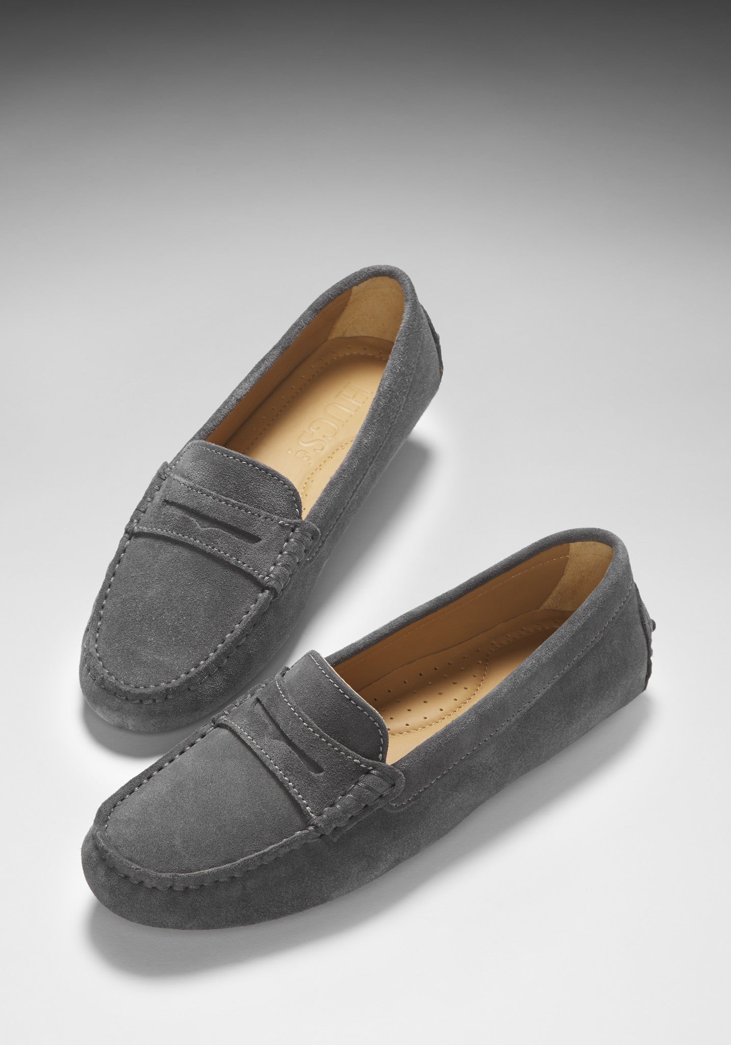 Women s Penny Driving Loafers slate grey suede Hugs Co