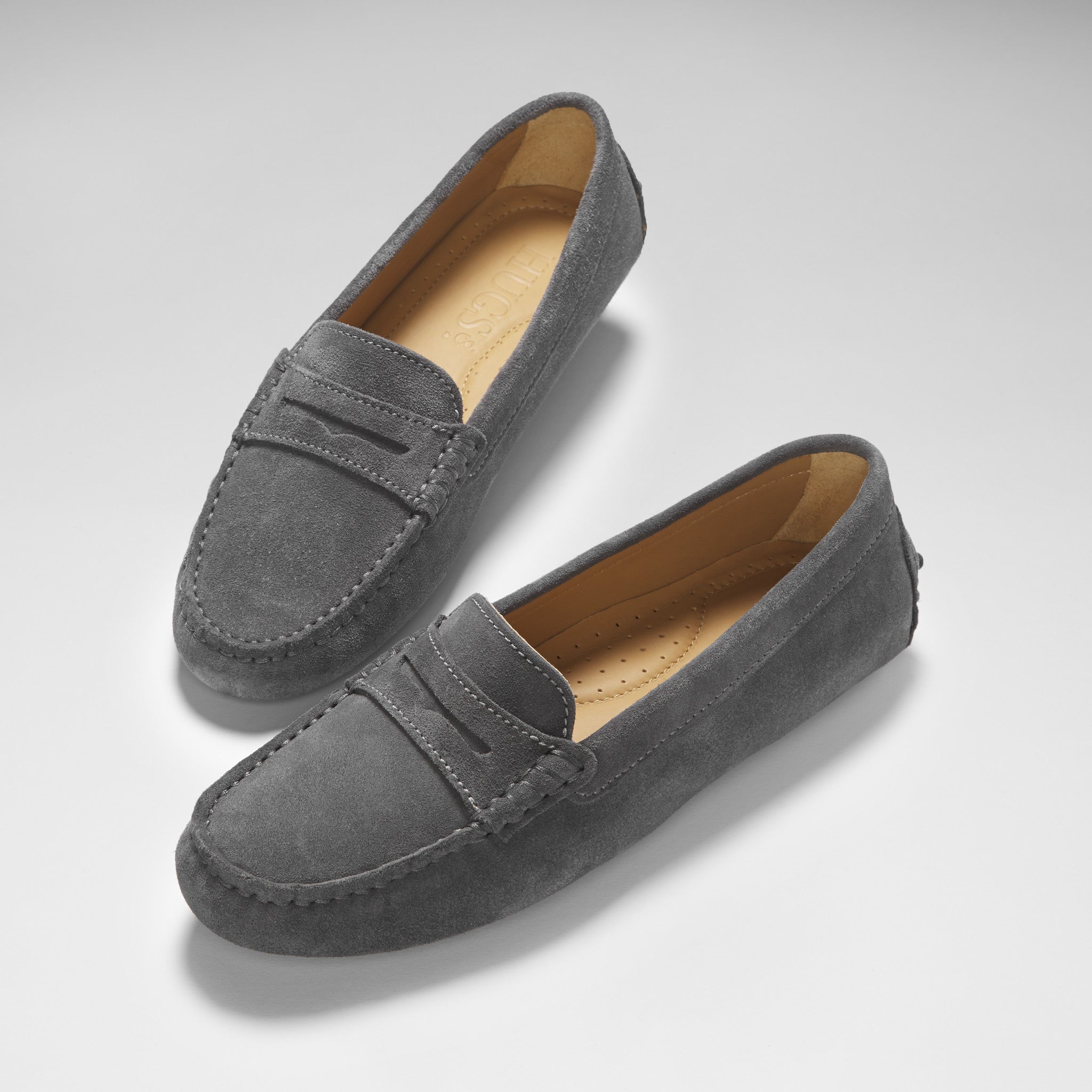 Women s Penny Driving Loafers slate grey suede Hugs Co