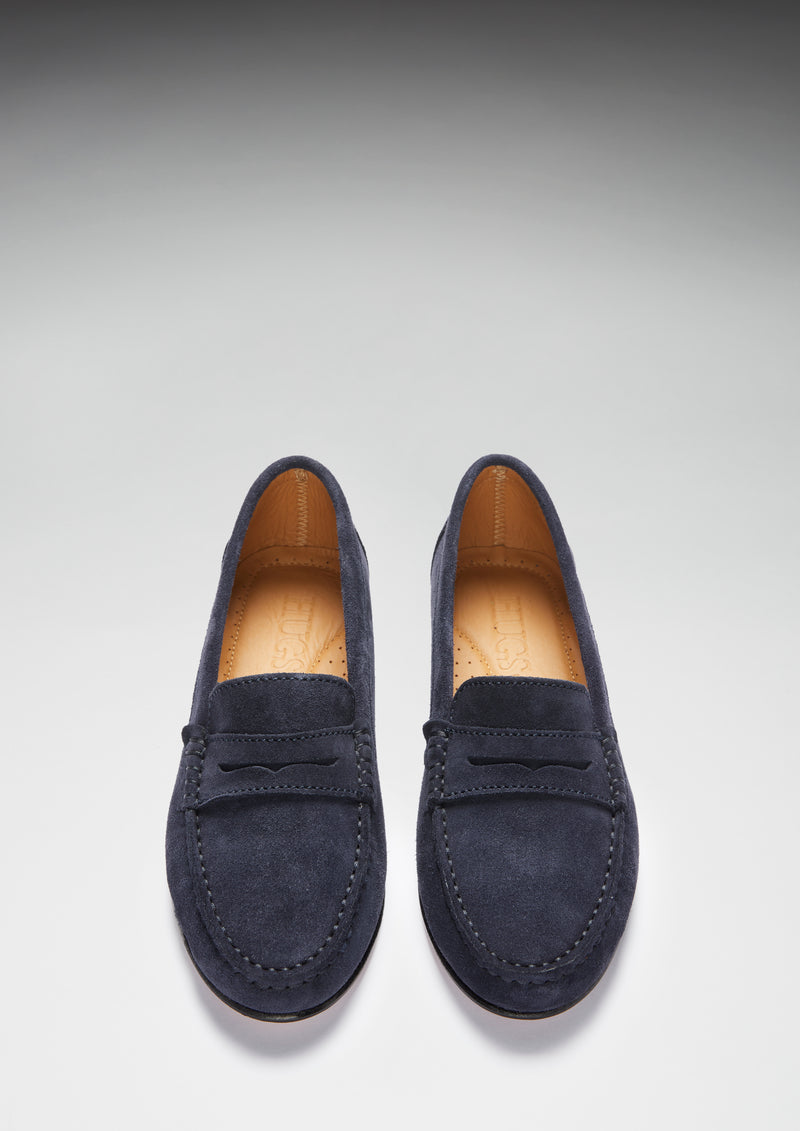 Women's Penny Loafers Leather Sole, navy blue suede - Hugs & Co.
