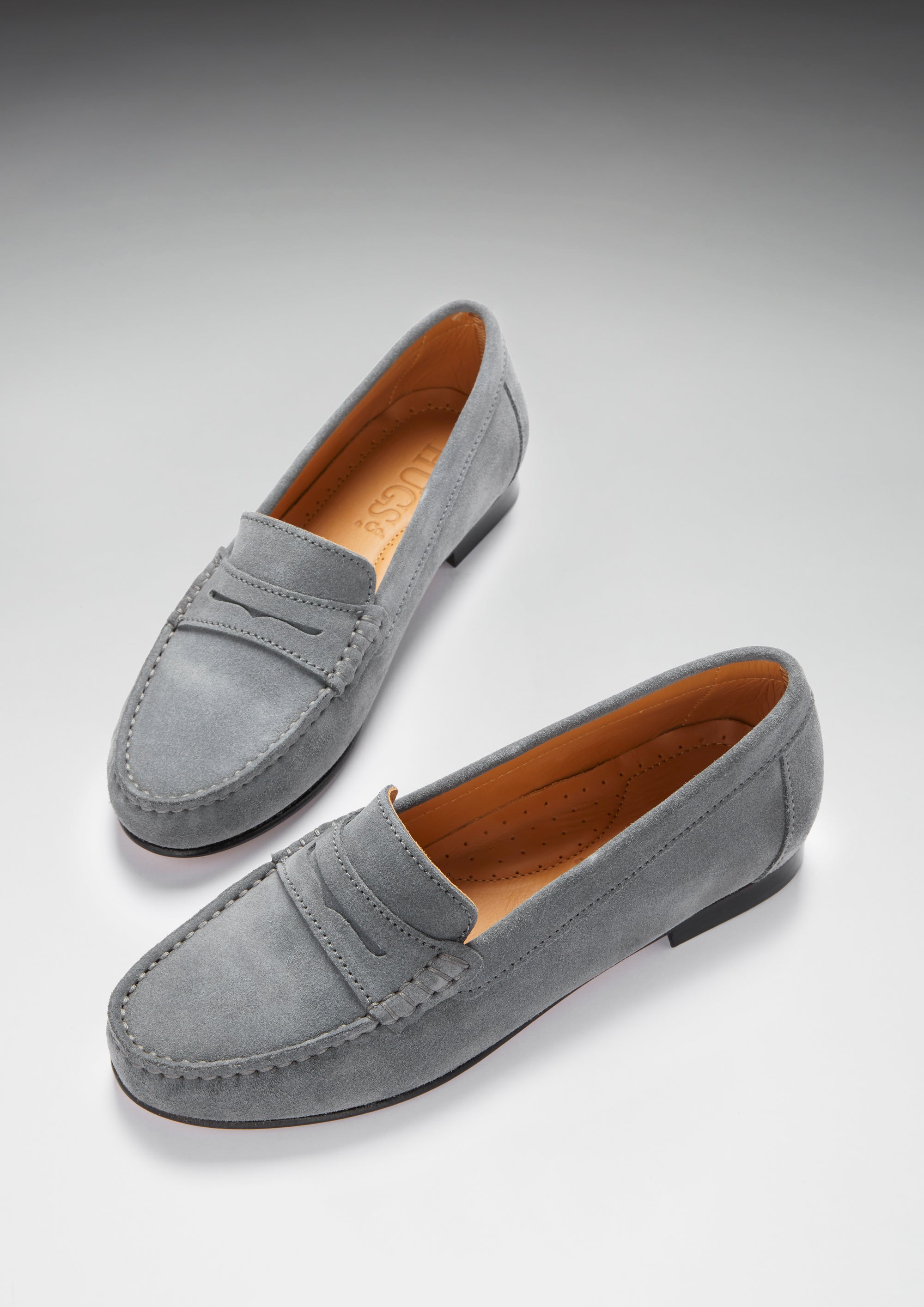 Penny Loafers pour femme, semelle en cuir, daim gris ardoise