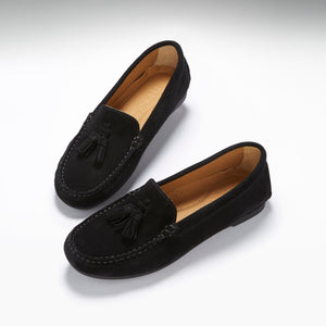 Women's Tasselled Driving Loafers Full Rubber Sole, black suede