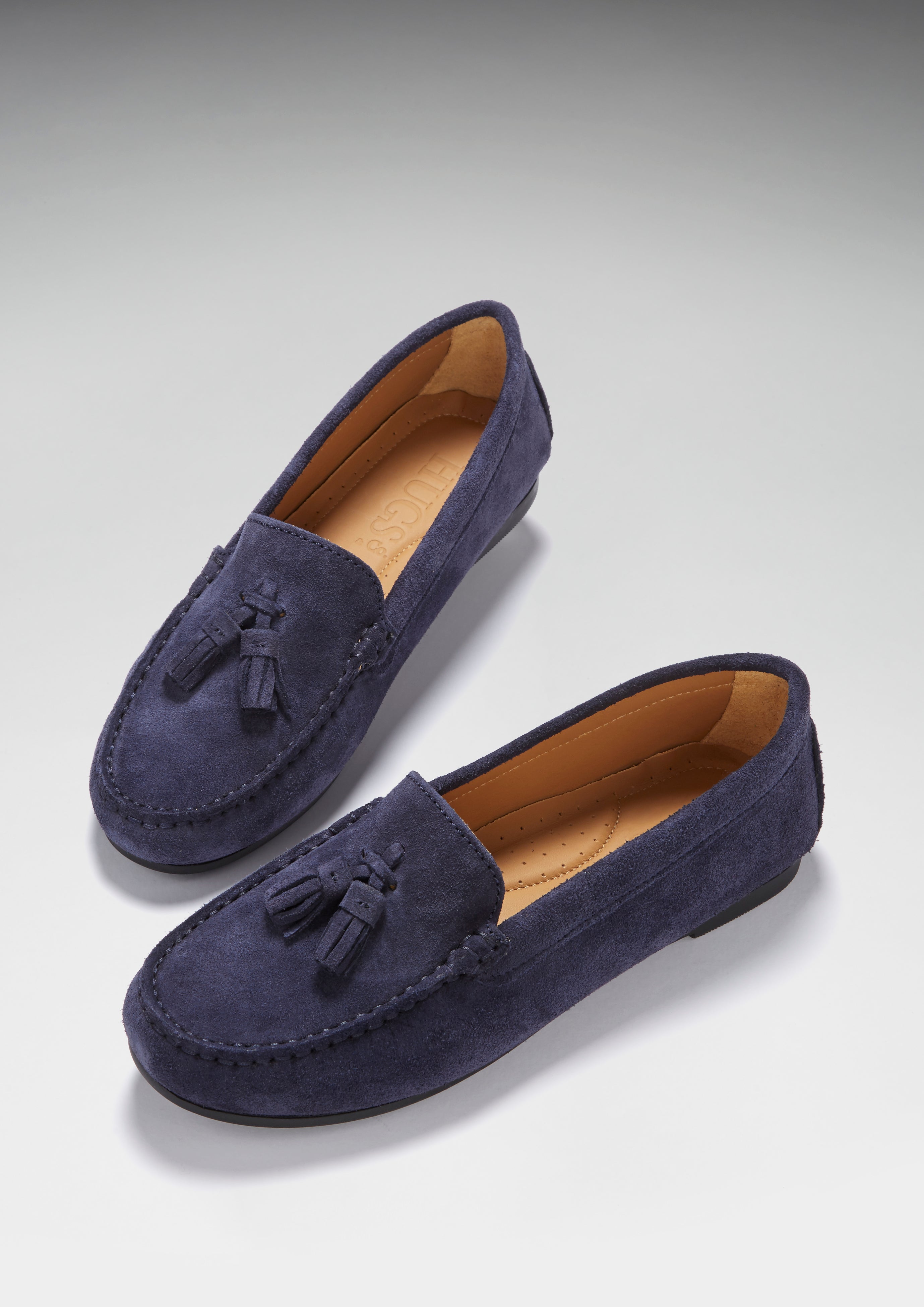 Women's Tasselled Driving Loafers Full Rubber Sole, navy blue suede Hugs   Co.