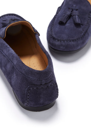 Women's Tasselled Driving Loafers Full Rubber Sole, navy blue suede