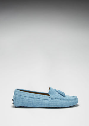 Women's Tasselled Driving Loafers, blue embossed suede