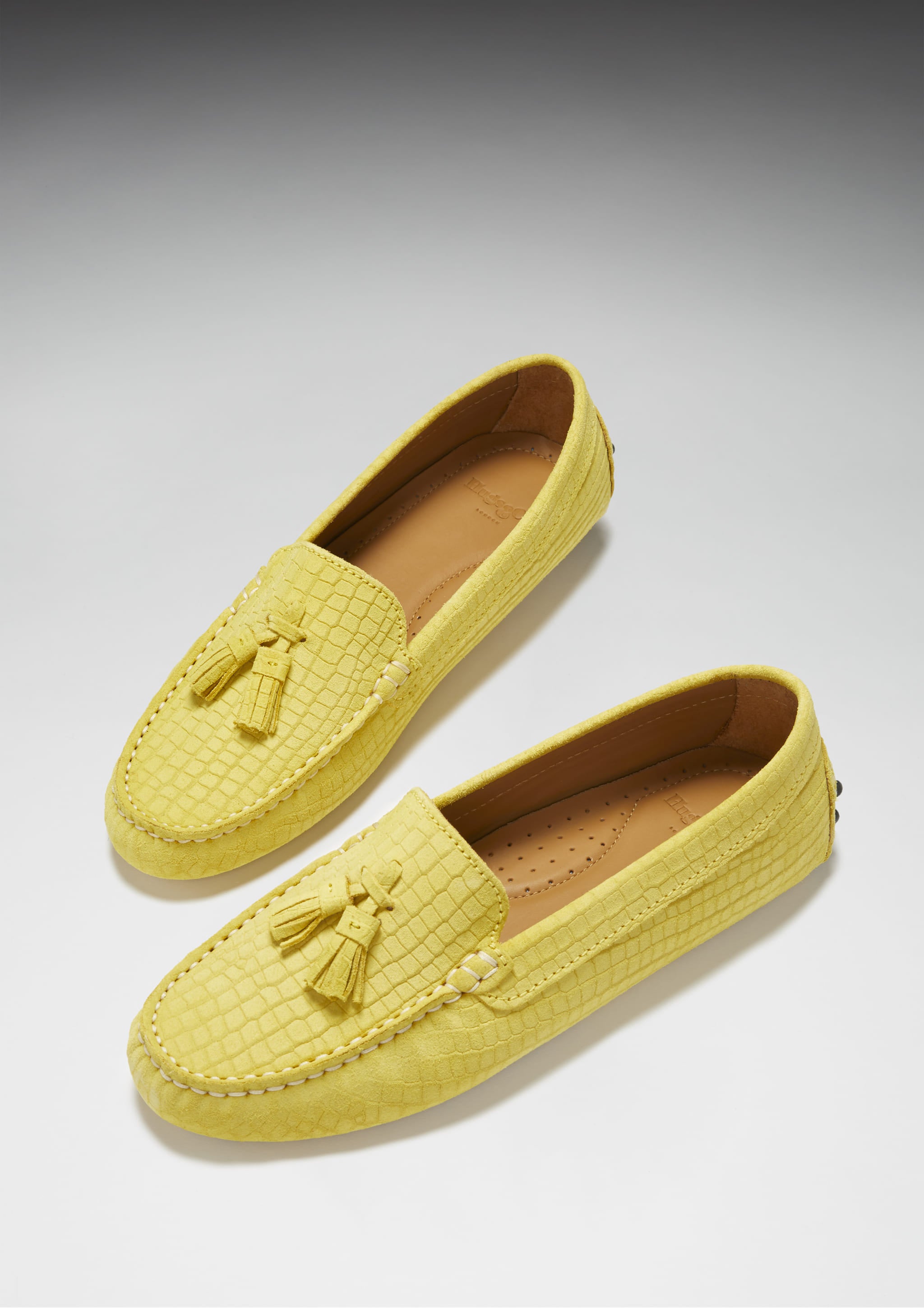 Women s Tasselled Driving Loafers yellow embossed suede Hugs Co