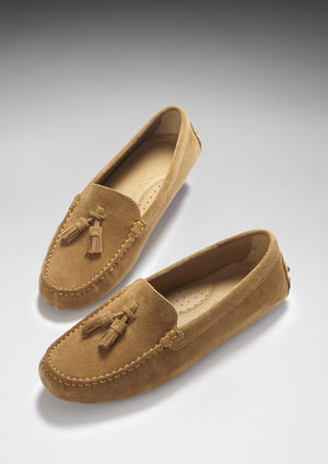 Women's Tasselled Driving Loafers, tobacco suede