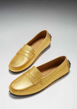 Women's Tyre Sole Penny Loafers, yellow gold leather