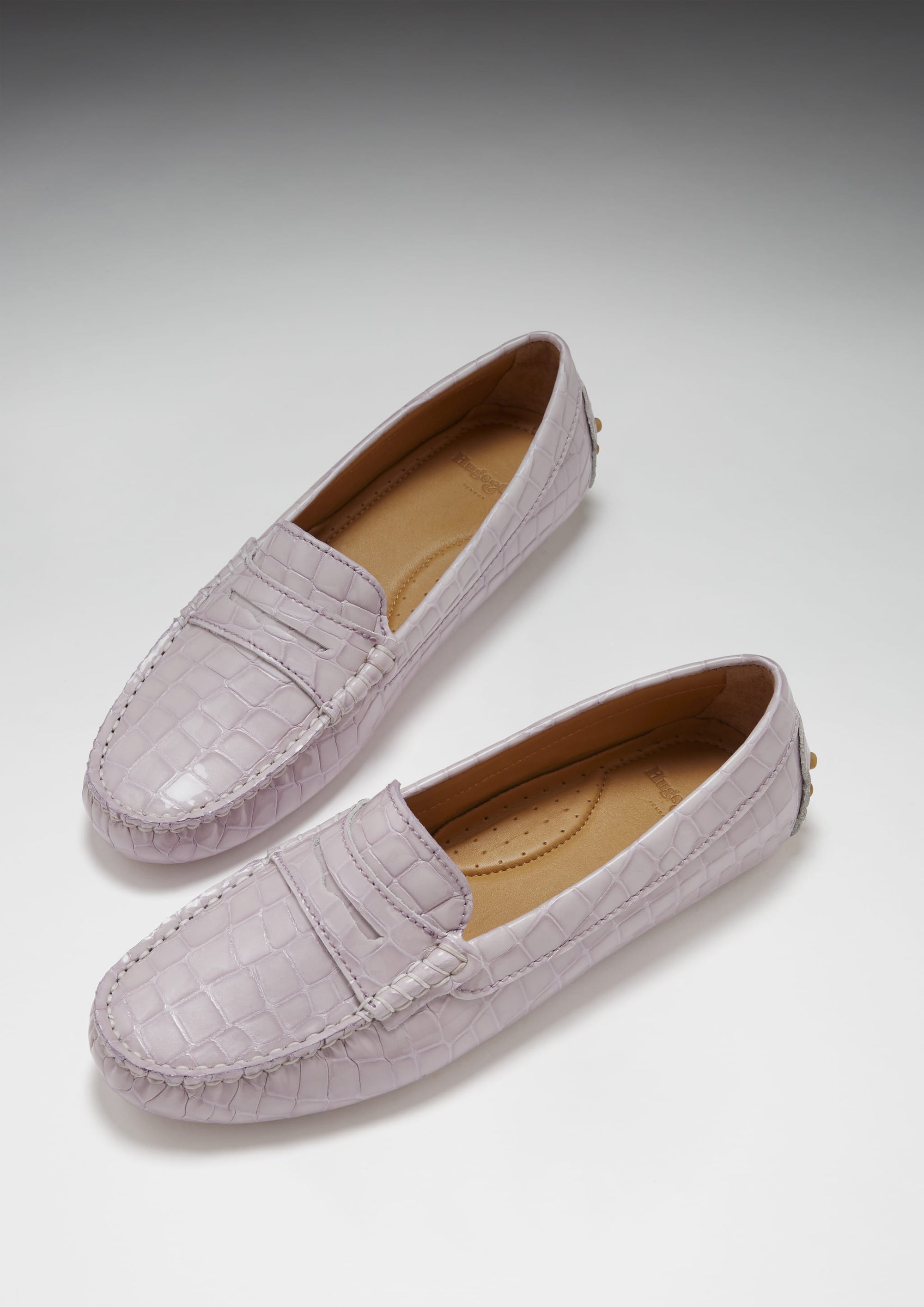 Mocassins Penny Driving pour femme, cuir verni lilas imprimé croco