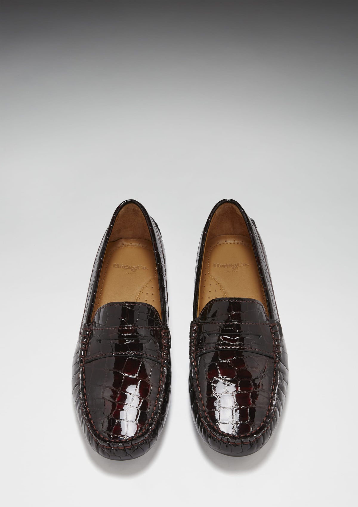 Penny Driving Loafer für Damen, braunes Lackleder mit Krokoprägung