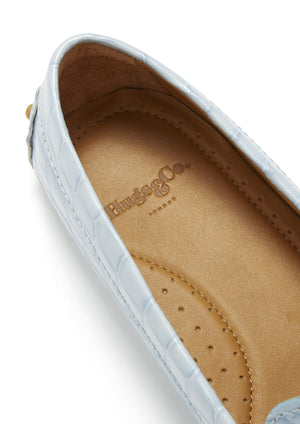 Mocassins Penny Driving pour femme, cuir verni imprimé bleu poudré